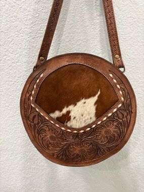 Round Tooled Leather Crossbody Bag with Hair-on-Hide Accent - Brown